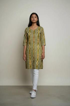 Sambalpuri Bandhakala Cotton Kurti in Olive Sambalpuri Bandhakala Cotton Kurti in Olive