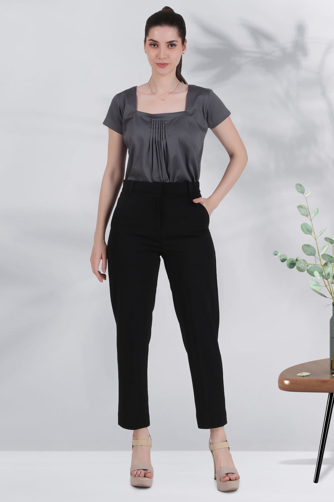 Straight Fit Formal Trousers, Black-XS