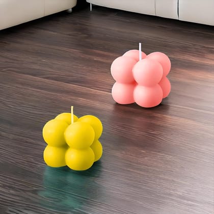 SS Enterprise Organic Soy Wax Bubble Candles, Scented Aromatic Fragrance, Smoke-Free Pillar Candles, Set of 2, Yellow-Pink, Home Decor