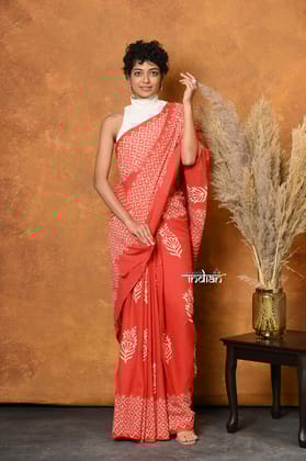 Mastaani ~ Handblock Printed Cotton Saree With Natural Dyes - Red