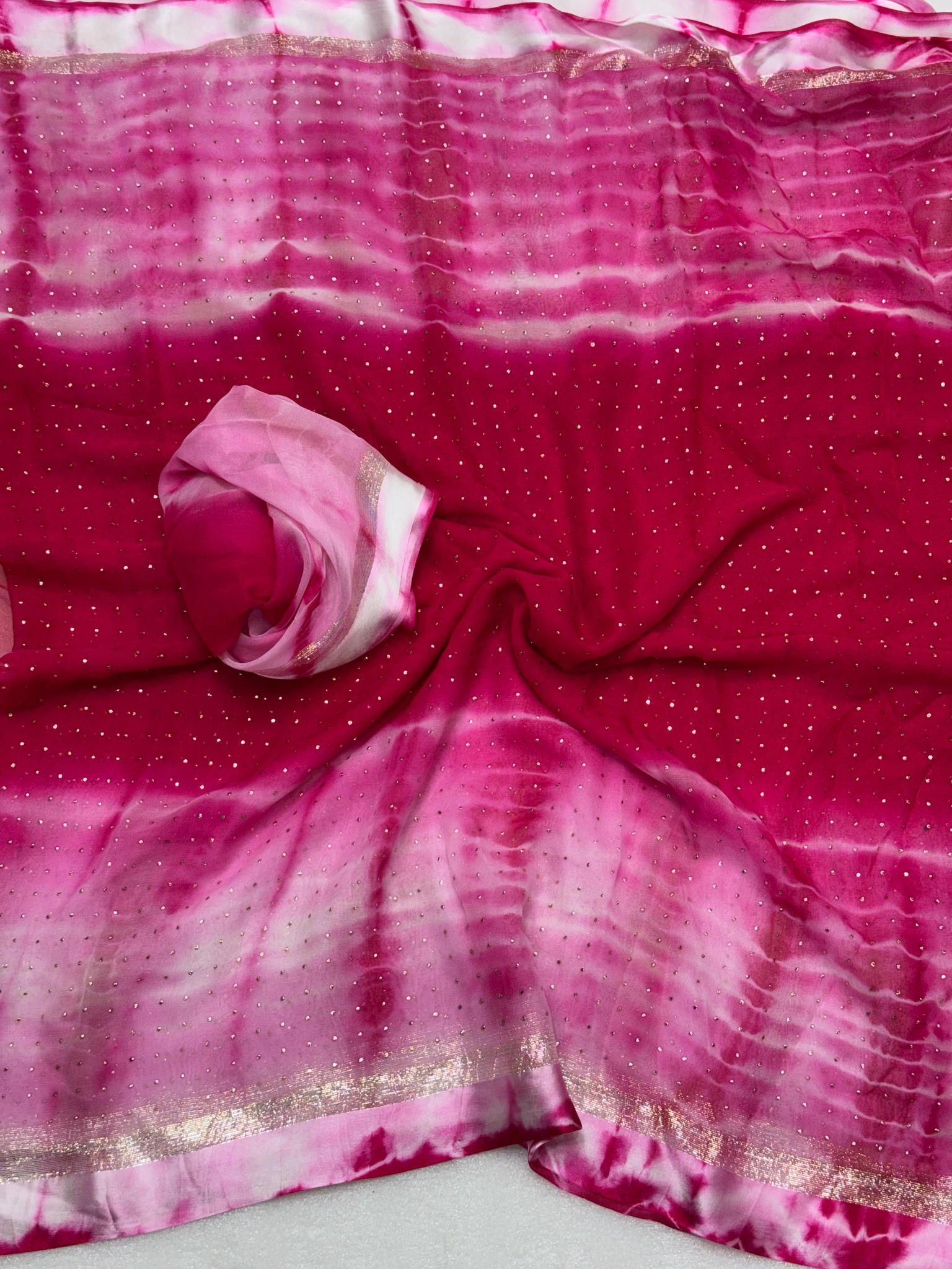 Wedding Wear Shibori Print n Mukesh Work Pure Viscose Satin Designer Saree With Blouse-Pink