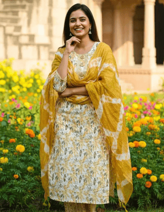 Sufiana Yellow Floral Kurti Set for Women - Stylish Cotton Printed Design Sufiana Yellow Floral Kurti Set for Women - Stylish Cotton Printed Design