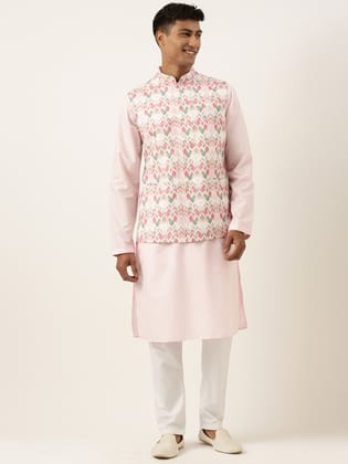 Pink Tiedye Cotton Jacket with Pink Cotton Kurta-M/40 / Pajama set