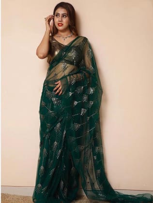 Dark Green Nylon Mono Net Sequence Work Saree