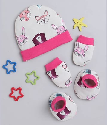 BUMZEE Off White & Pink Girls Cotton Cap Mitten Bootie Set Age - 0-3 Months