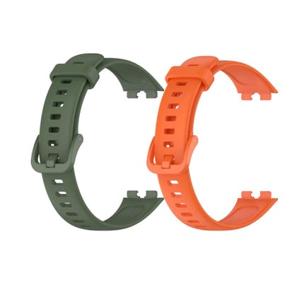 Valente Soft Silicone Sport Strap Compatible with Huawei Band 8 / Band 9 – Comfortable & Adjustable Replacement Wristband (Pack of 2)-Olive Green & Orange