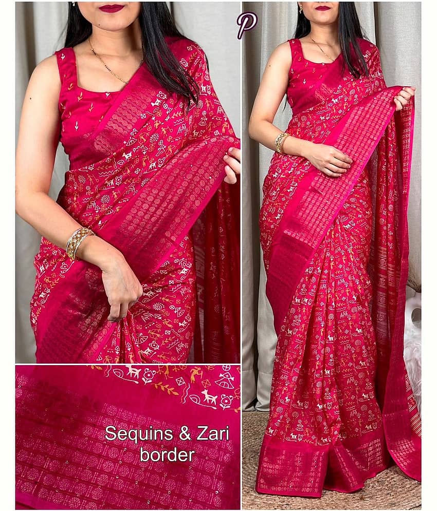 Bhuwal Fashion Art Silk Printed Saree With Unstitched Blouse Piece ( Multicolor )