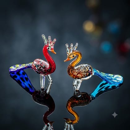 Hand Blown Glass Peacock Decorative Pair