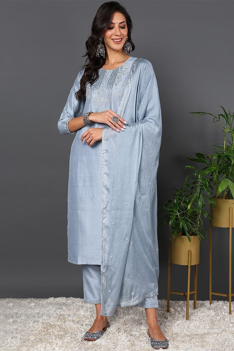 Plus Size Blue Silk Blend Solid Embroidered Straight Suit Set PKSKD2017