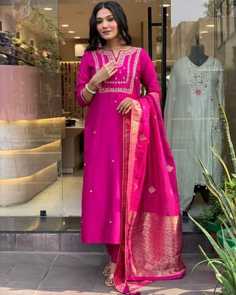 Women Viscose Chanderi Embroidered Straight Kurta with pant and dupatta sets-S