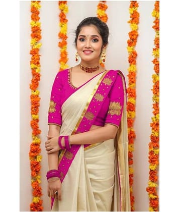 Bhuwal Fashion Silk Blend Embroidered Saree With Unstitched Blouse Piece ( Pink )