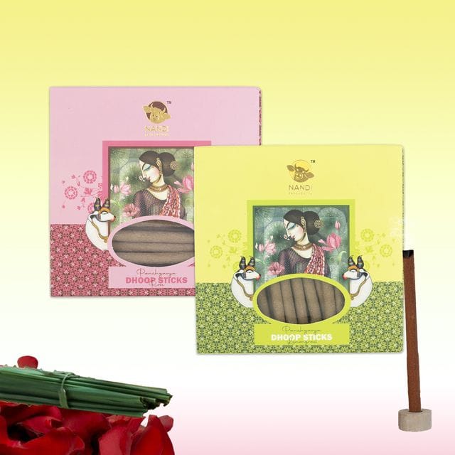 Nandi Panchgavya 100 Percent Cow Dung Dhoop Sticks for Pooja with Stand (Rose & Lemongrass Fragrance-100 Sticks)