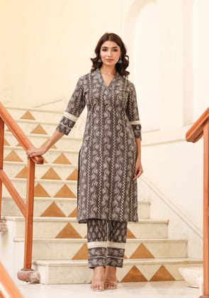 Cocoa Brown Dabu Print Suit Set-M