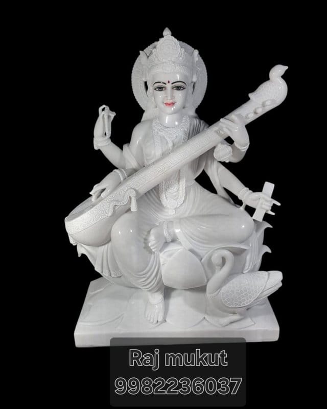 Elegant White Marble Saraswati Mata Idol