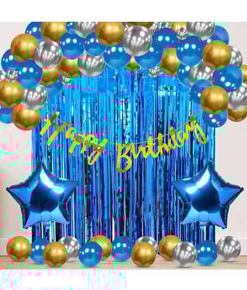 Zyozi Birthday Decoration kit for Boys- 41 Pcs with Foil Curtain/Bday Supplies Items with Gold Foil Bunting, Star Foil Baloons/Happy BirthDay Props for Kids, Baby Girl Gifts Set (Blue)