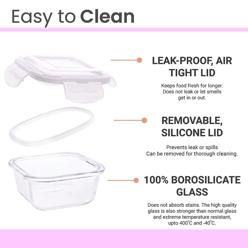 Femora Borosilicate Glass Microwave Safe Container Multipurpose Lunch Box for Office, Maroon, Rectangle-400 ml (2 Container), Rectangle-620 ml (1 Container).