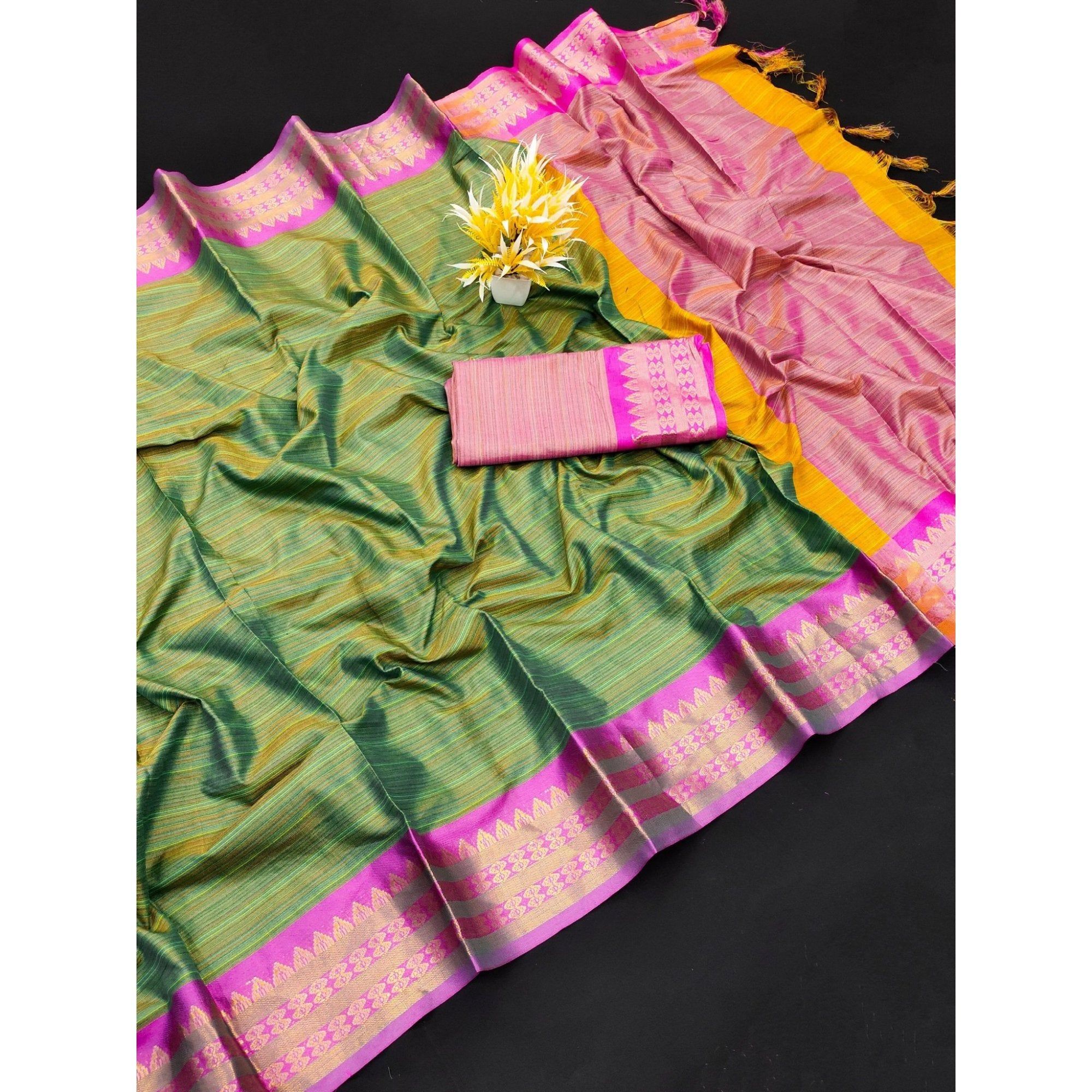 TheHangr Beautiful Festive Wear Saree With Blouse Piece Green With Pink Border