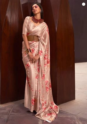 Slightly golden Digital Printed Satin Silk Saree