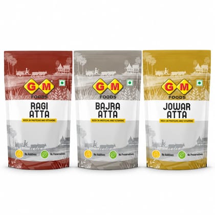GM Foods Healthy Millet Atta Combo | Ragi Atta 500g + Bajra Atta 500g + Jowar Atta 500g | Pack of 3 | Nutritious Millet Flour for Roti, Chapati & Bhakri | No Added Preservatives