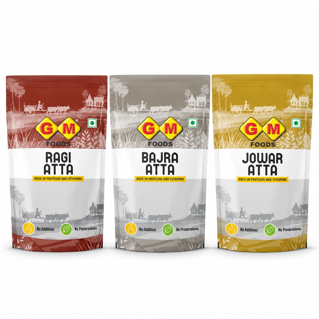 GM Foods Healthy Millet Atta Combo | Ragi Atta 500g + Bajra Atta 500g + Jowar Atta 500g | Pack of 3 | Nutritious Millet Flour for Roti, Chapati & Bhakri | No Added Preservatives