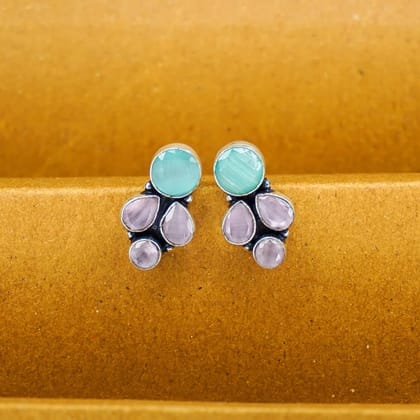 Silver Oxidised Stud Earrings with Turquoise Purple Cubic Zirconia Stones