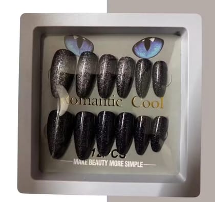 Kozykit Black Full Glitter Artificial Fake Nails Set (10 Pcs) | Glossy Black & Silver Sparkle Press-On Nails with Charms | Acrylic Stick-On Nail Extensions with Free Glue | Reusable Nails for Girls & Women