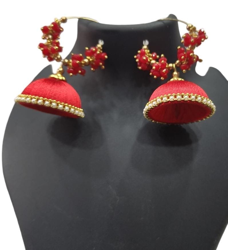 Red Silk Thread Jhumka Earrings with Kundan and Pearl Detailing