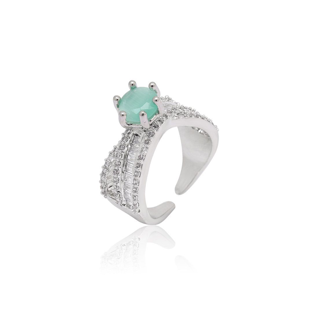 Pista Green Color American Diamond Finger Ring (ADR584PGRN)-Ring_Size_Adjustabl / Green / Brass With Good Quality Silver Plated
