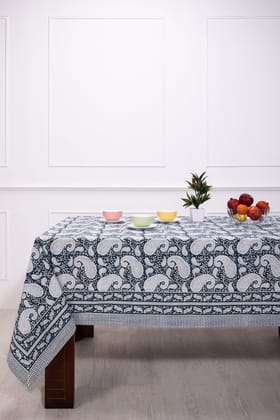 Sunderban Paisely Block Printed Grey Cotton Table Cover-60 X 90 in / Grey / Grey