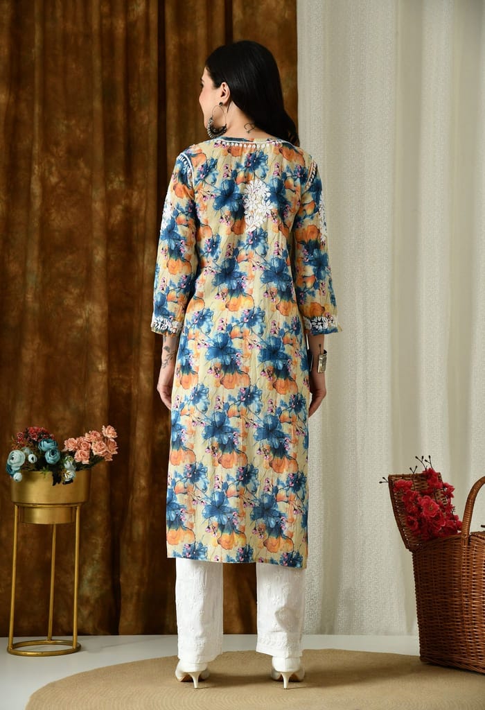 Multi color Mulmul Pure Cotton Lucknow Chikankari Kurta -Teal & Orange