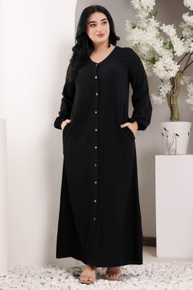Black Solid Buttoned Maxi Dress with Long Sleeves-L / Black