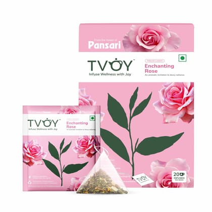 TVOY Green tea Bags| Pyramid Tea Bag (ENCHANTING Rose), 36 g (20 Bags x 1.8 g each)