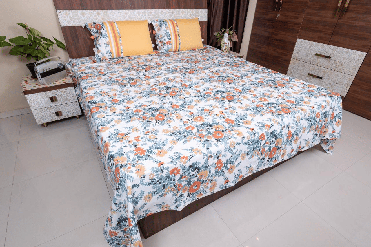Premium King Size Cotton Bed Cover, Elegantly Embroidered With 2 Pillow Covers (Model 4)