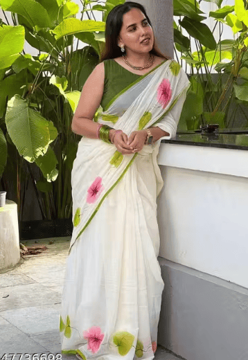Linen Printed Saree With Contrast Blouse | Bestseller Design