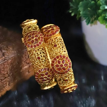 Trendisia Antique Gold-Plated Filigree Bangles with Floral Disc Motifs & Ruby Stones