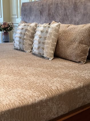 KRI India The Minimalist Tan Flora Quilted Bedcover Set | 90x108 inches | Tan Brown | Wash & Care | 100% Cotton | Handcrafted in India. 100% organic & natural.