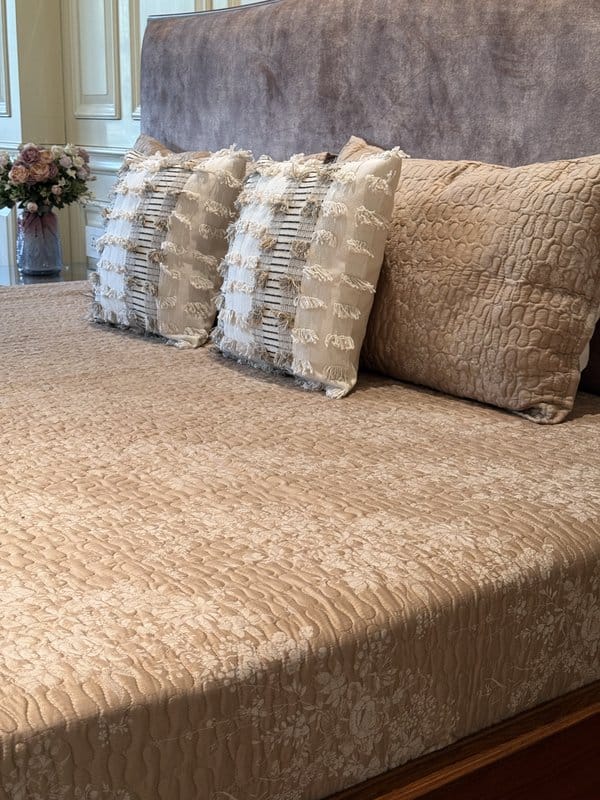 KRI India The Minimalist Tan Flora Quilted Bedcover Set | 90x108 inches | Tan Brown | Wash & Care | 100% Cotton | Handcrafted in India. 100% organic & natural.