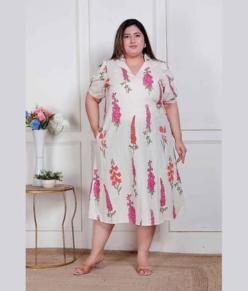 miravan Women Cotton Printed A-line Dress ( Off White )