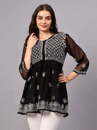 MRS RIGHT CHIKANKARI GEORGETTE FABRIC MIRROR EMBROIDERED BLACK SHORT TOP FROCK KURTI MRS RIGHT CHIKANKARI GEORGETTE FABRIC MIRROR EMBROIDERED BLACK SHORT TOP FROCK KURTI