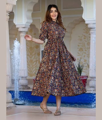 Femvy Women Crepe Printed Fit & Flare Dress ( Brown )