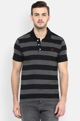 Men's Polo Collar Yarn Dyed Striped T-Shirt - Black / Charcoal-M