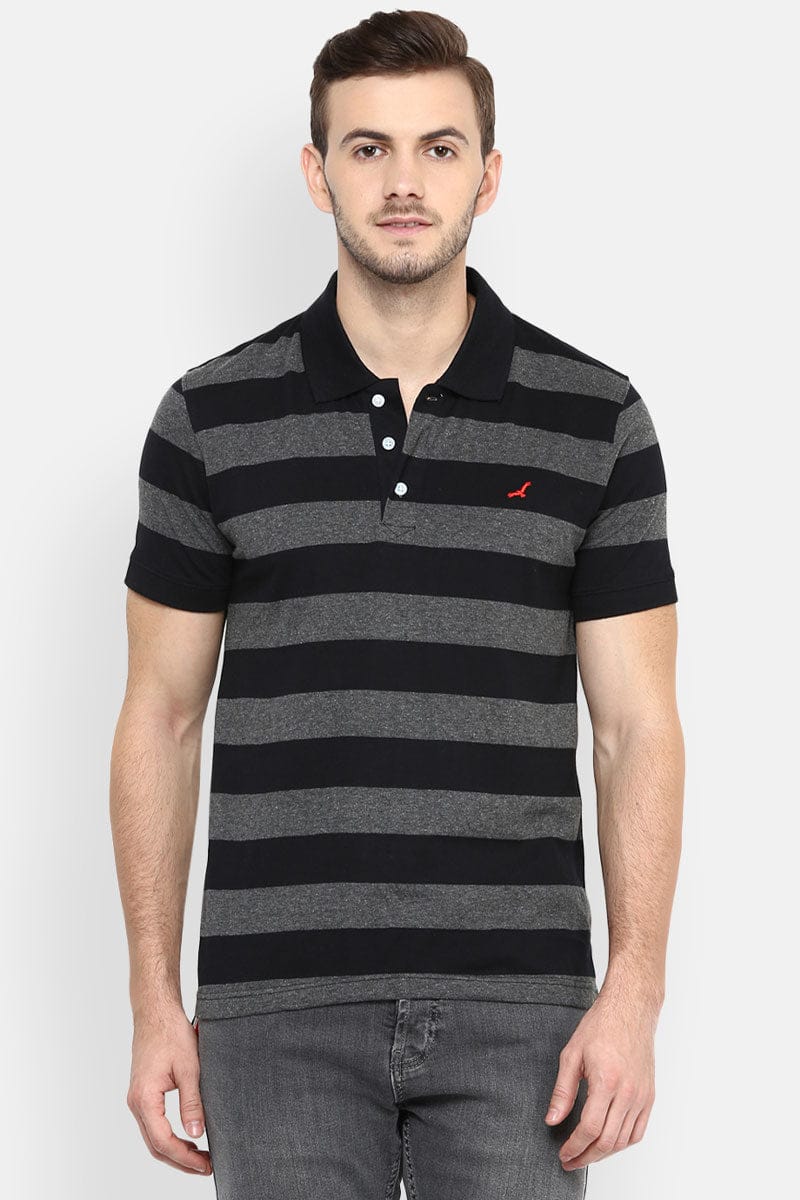 Men's Polo Collar Yarn Dyed Striped T-Shirt - Black / Charcoal-M