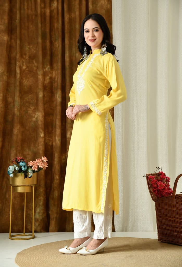 Saanjh – Sunshine Yellow Rayon Kurta with Classic Chikankari
