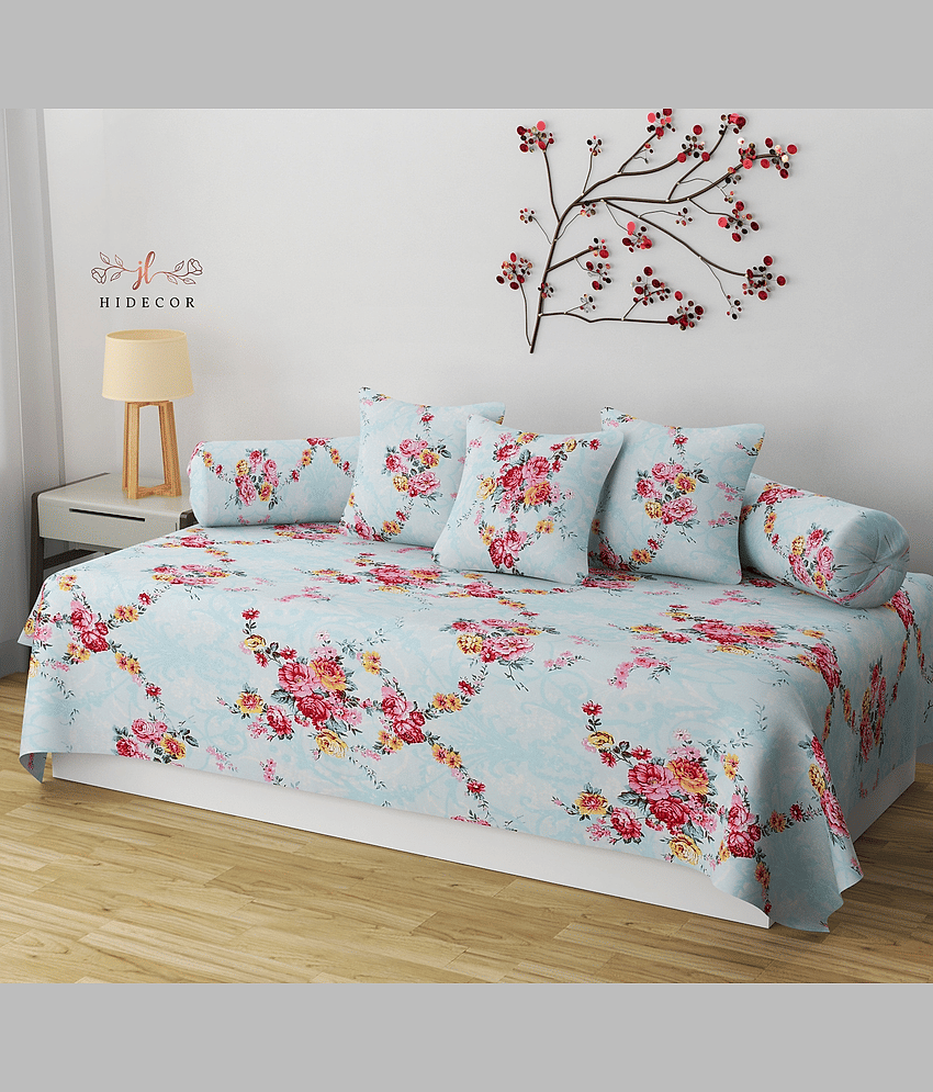 HIDECOR Cotton Floral Diwan Set 6 Pcs - Blue