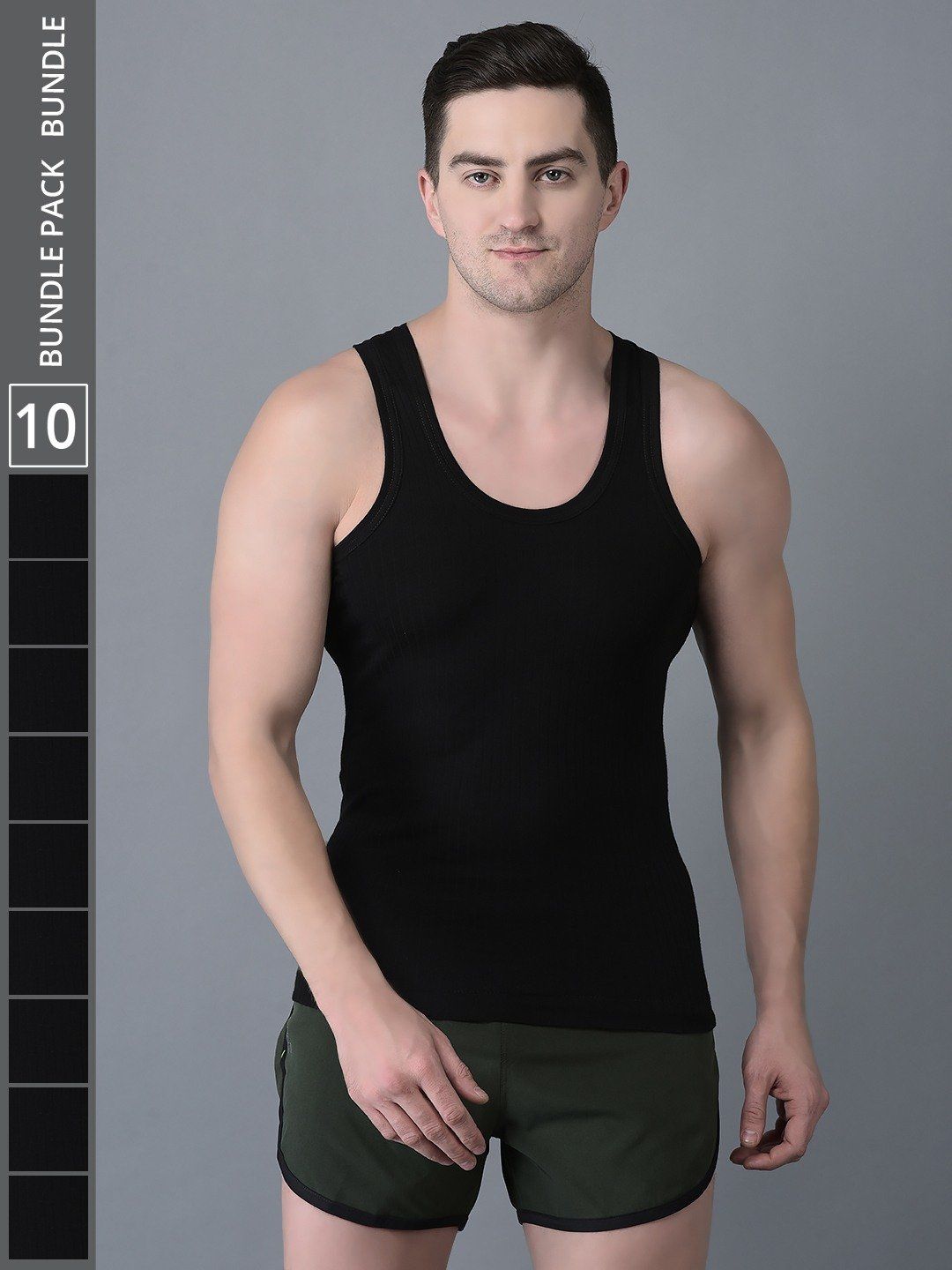 Men's Black Pack of 10 Solid Combed Cotton Vest
