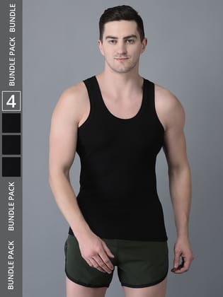 Men's Black Pack of 4 Solid Combed Cotton Vest