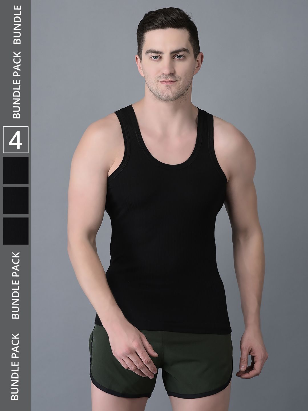Men's Black Pack of 4 Solid Combed Cotton Vest