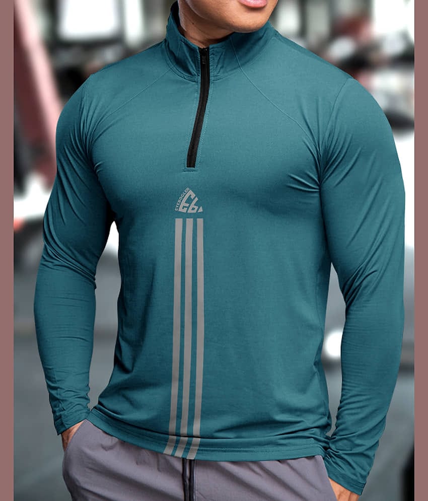 Eyebogler Polyester Regular Fit Striped Full Sleeves Men's High Neck T-Shirt - Indigo ( Pack of 1 )