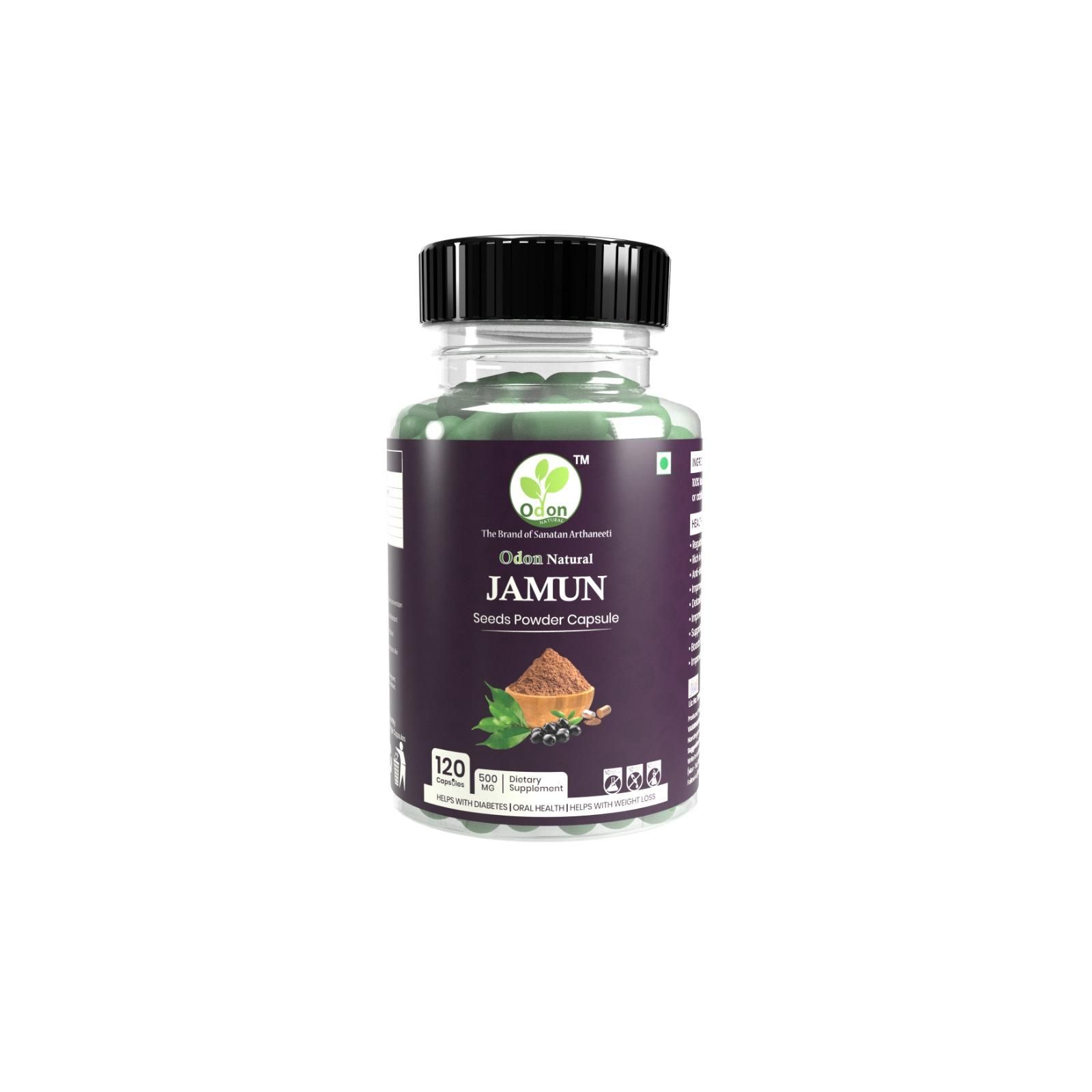 ODON NATURAL Jamun Seed Powder Capsules - 120 Count | Herbal Supplement for Blood Sugar Balance, Weight Management & Oral Health | Daily Wellness Support for Men & Women | Natural Herbal