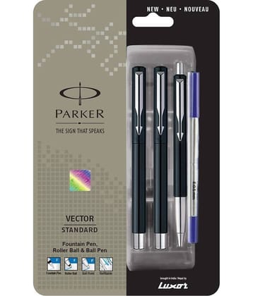 Parker Vector Standard Triple Black Body Color (Fountain Pen+Roller Ball Pen+Ball Pen) Pen Gift Set